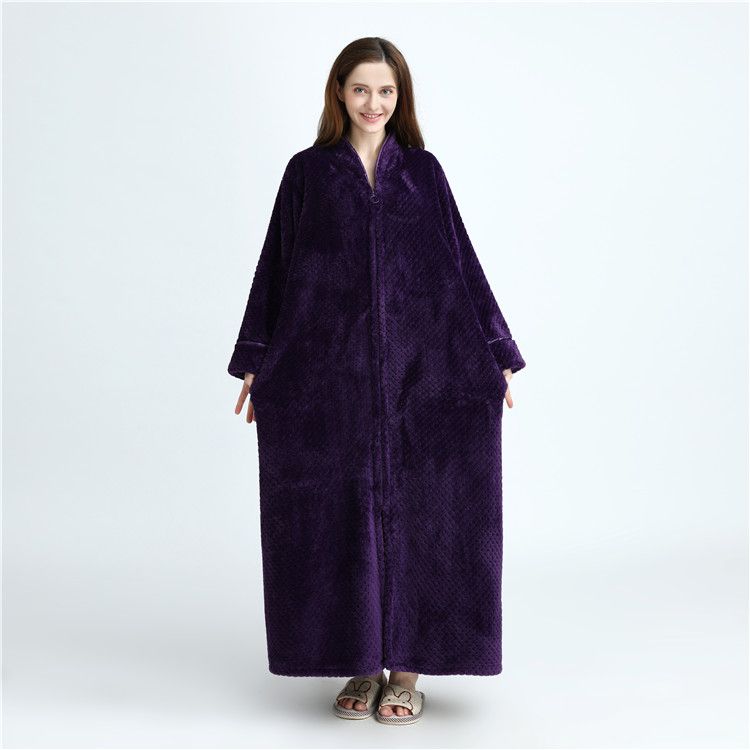 Ladies Zip Fleece Waffle Long Dressing Gown Fluffy Towelling Bathrobe Sleepwear 