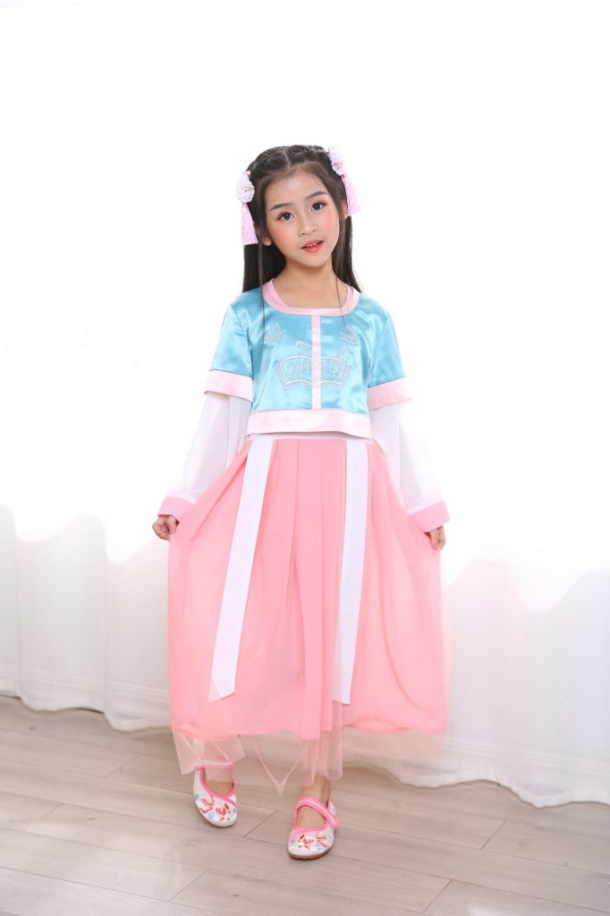 Wholesale summer girl Chinese traditional ethnic long sleeve round colar princess dress festival birthday  Hanfu