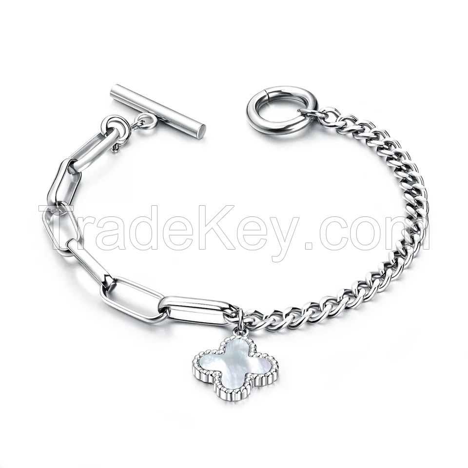 Titanium Steel Bracelet with Pendant Queen Head/ Heart/Four Leaf Clover