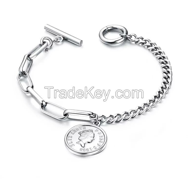 Titanium Steel Bracelet with Pendant Queen Head/ Heart/Four Leaf Clover