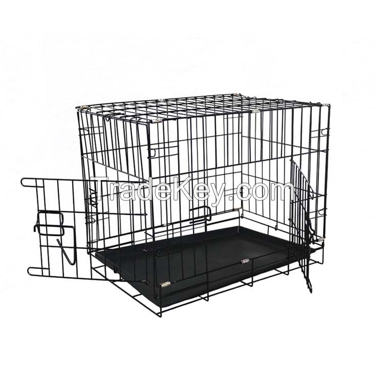 Durable folding two doors dog crate with plastic tray