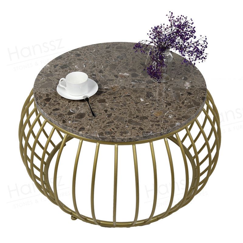 Metal frame brown marble top round coffee table