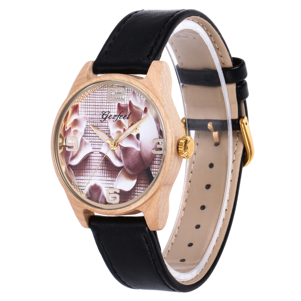 Trendy Hot Wooden Watch With Genuine Leather Strap Wood Watch For Lady