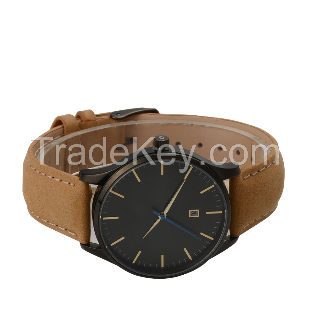 Nice design all stainless steel watch genuine leather quartz watch 