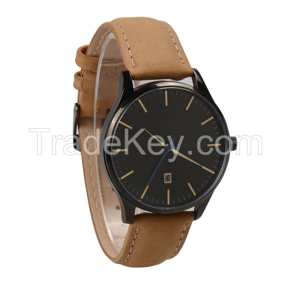 Nice design all stainless steel watch genuine leather quartz watch 