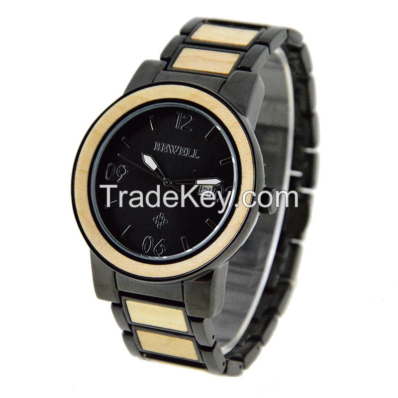 Custom Factory Supply Big Dial Japan Movt Stainless Steel Back Water Resistant Wood Wristwatch  