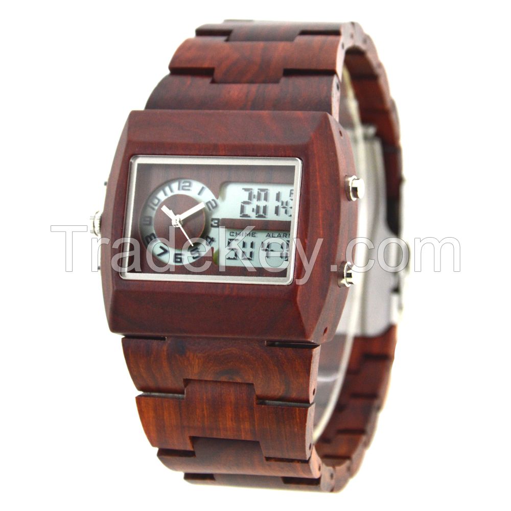 Japan Movement Digital Quartz Multi Function Square Men Wooden Watch