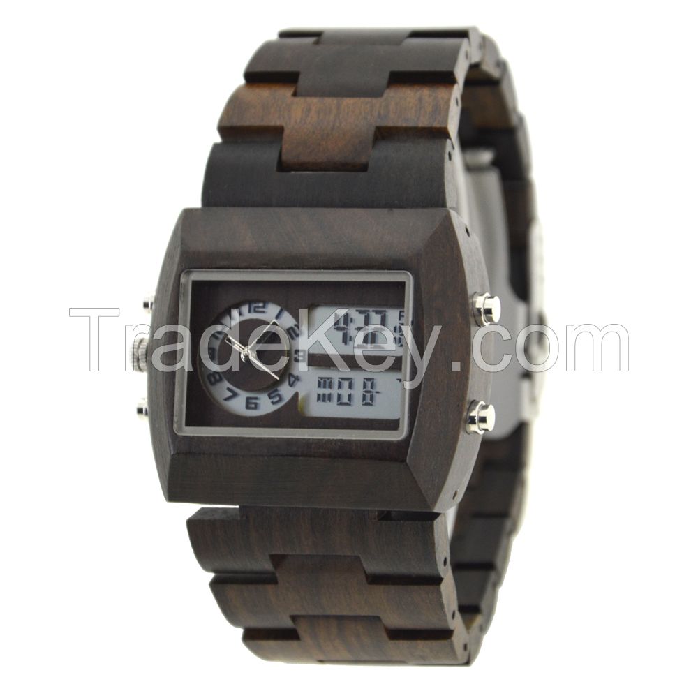 Japan Movement Digital Quartz Multi Function Square Men Wooden Watch