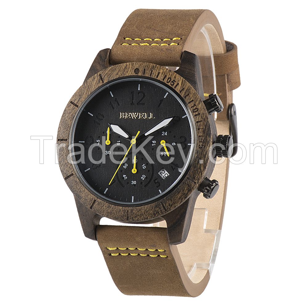 Most popular all black stainless steel genuine leather band unique blank face  men wooden wrist watches