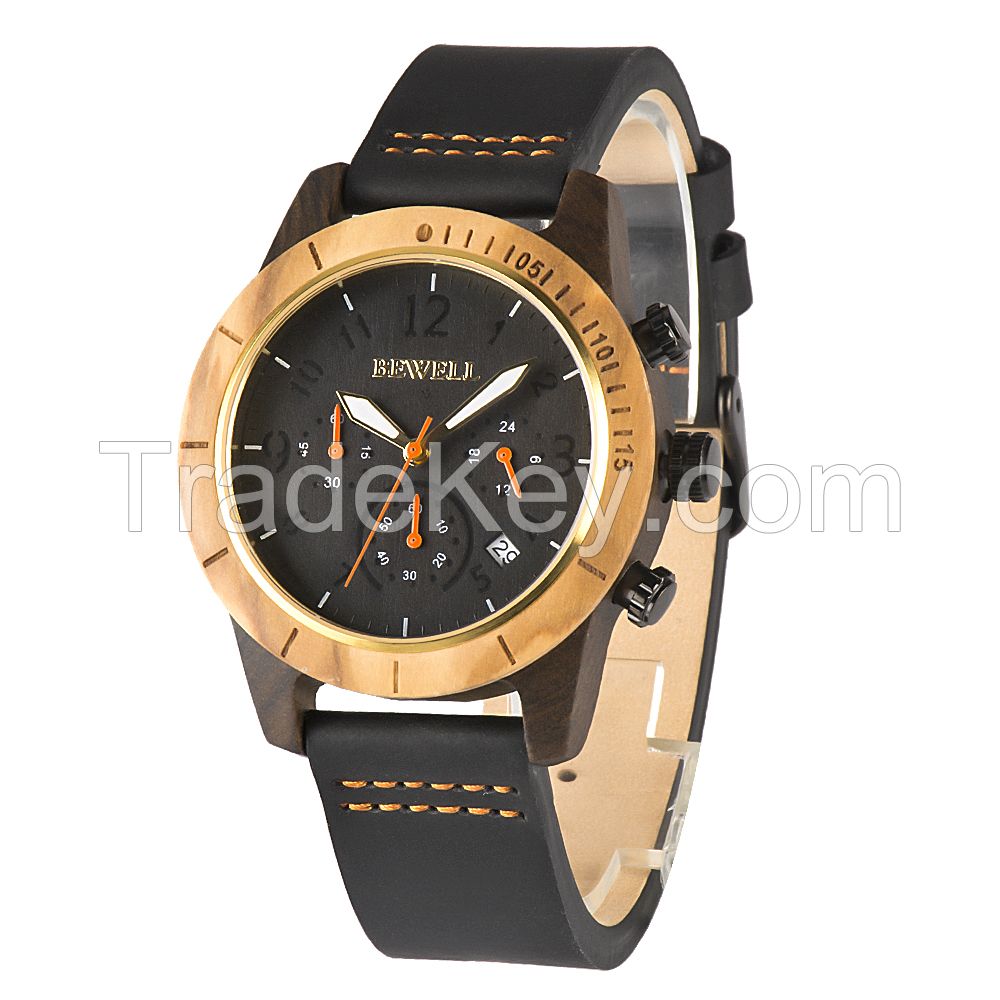 Most popular all black stainless steel genuine leather band unique blank face  men wooden wrist watches