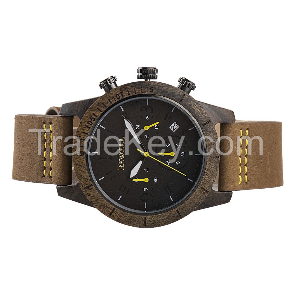 Most popular all black stainless steel genuine leather band unique blank face  men wooden wrist watches