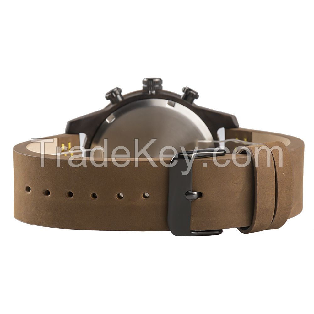 Most popular all black stainless steel genuine leather band unique blank face  men wooden wrist watches