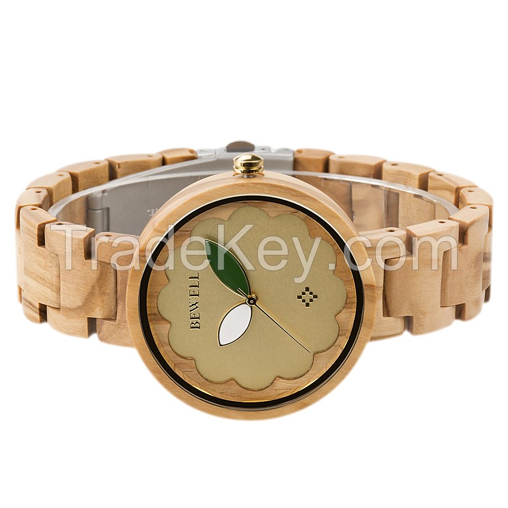 New Style flower dial with beautiful leaf wooden case and band Japan movement two side button wooden watch