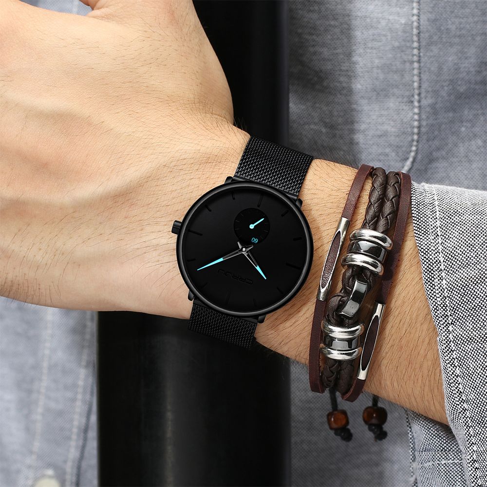 Stainless Steel Minimalist Male Analog Clock Waterproof Quartz Men Wrist Watch 