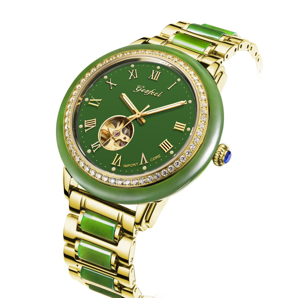 OEM luxury automatic mechanical jade watches with CZ stones for men and women