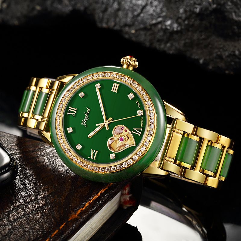 OEM luxury automatic mechanical jade watches with CZ stones for men and women