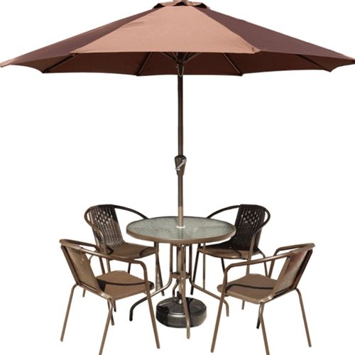 Promotion Cheap Wholesale 6pcs Set Imitation Rattan Metal Outdoor Furniture with Umbrella for Coffee Shop / Garden / Hotel / Restaurant from China Furniture Factory