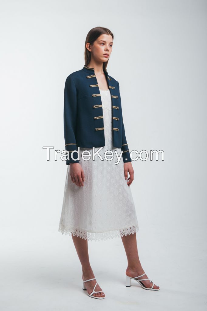 Military style wool blend silk jacket in blue