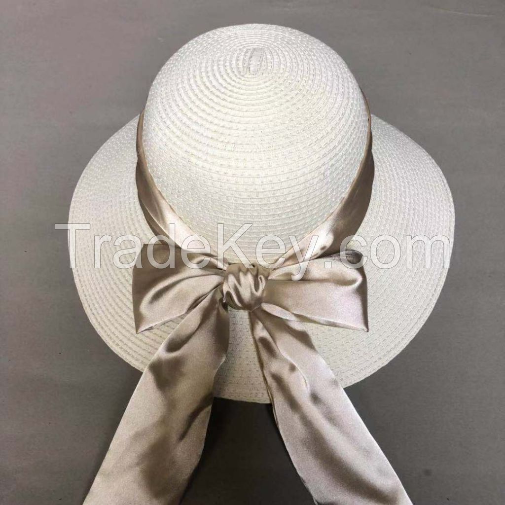 wholeseller fashion lady straw sun hats with silk bowknot, trend women floppy beach hat, elegant paper hat, recycle customized fashion accessories