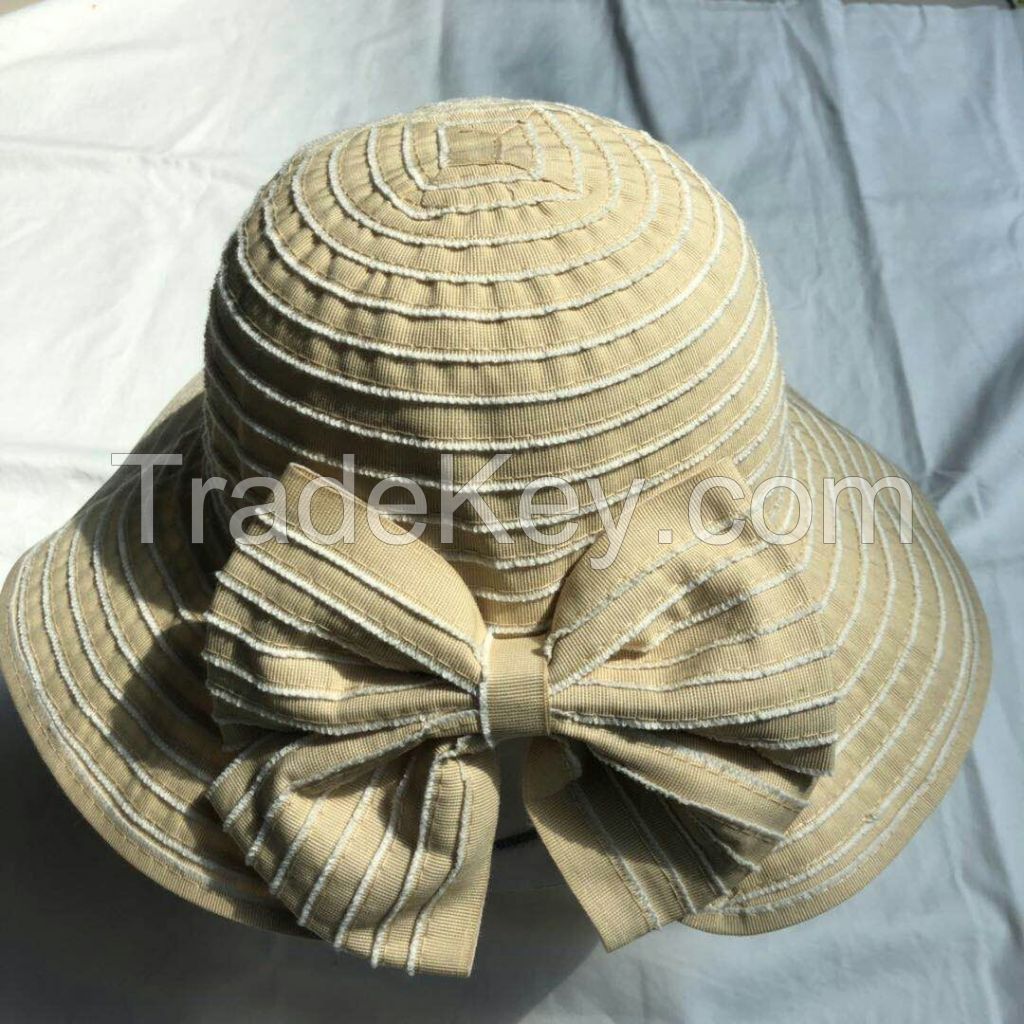 wholeseller fashion striped lady bucket sun hats with bowknot, trend women UV cut beach hat, elegant cotton hat, cheap customized fashion accessories