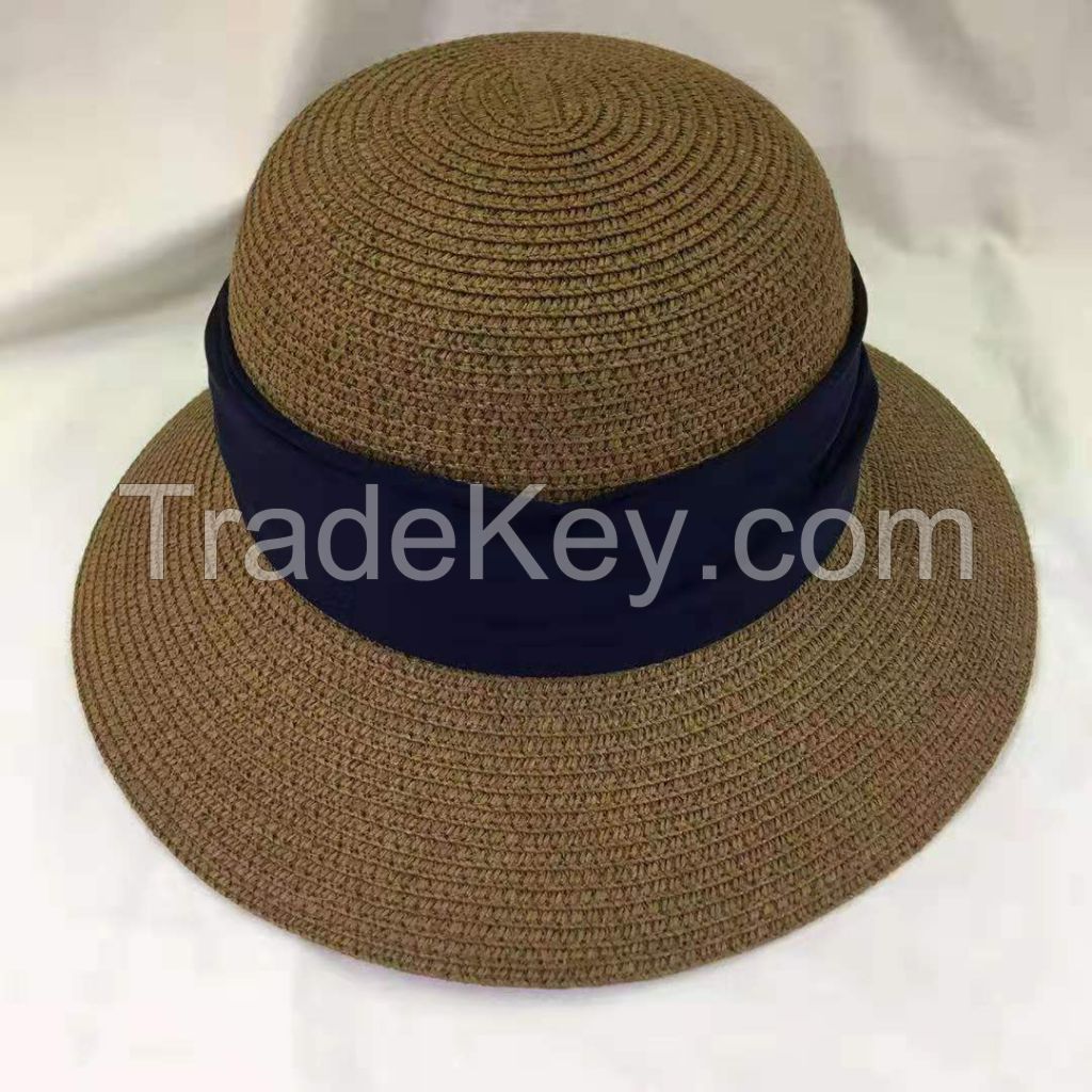 wholeseller fashion lady plain straw sun hats with ribons, trend women beach hat, elegant paper bucket hat, recycle customized fashion accessories