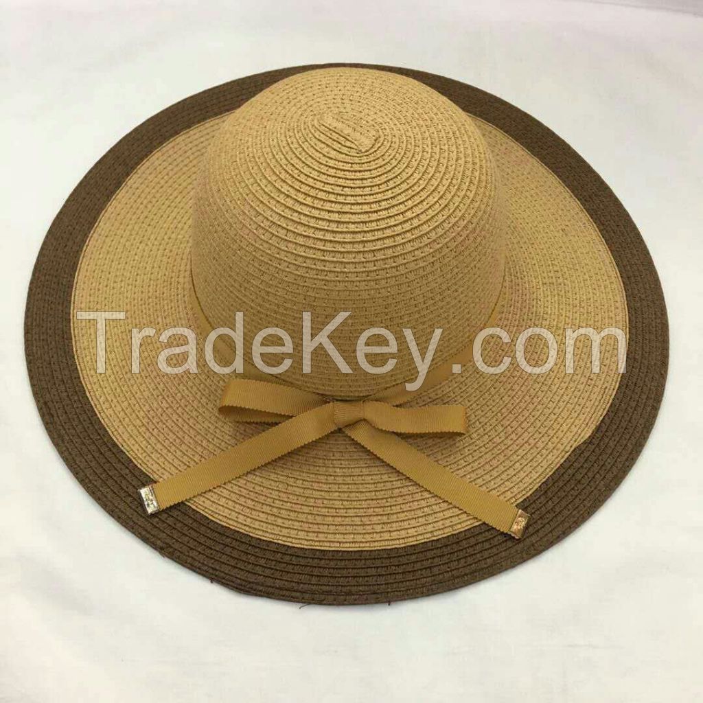 wholeseller fashion lady brown striped straw sun hats with ribons, trend women beach hat, elegant paper bucket hat, recycle customized fashion accessories