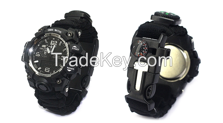 Survival adventure Paracord emergency watch with tactical features in wild 