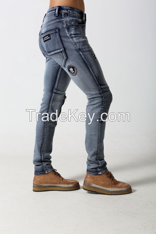 Men's Skinny biker jeans with zipper and patches