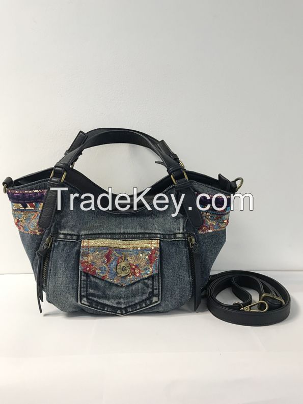 Embellished denim washed handbag