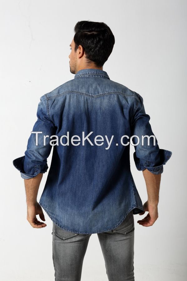 Men's dark color slim denim shirt with two pockets