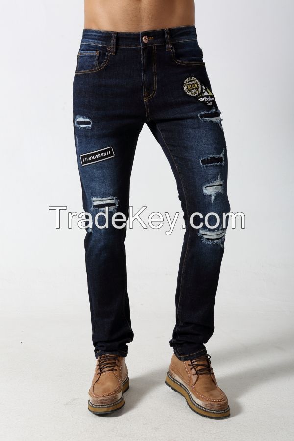 Men's Skinny Slim jeans with distressed and patches