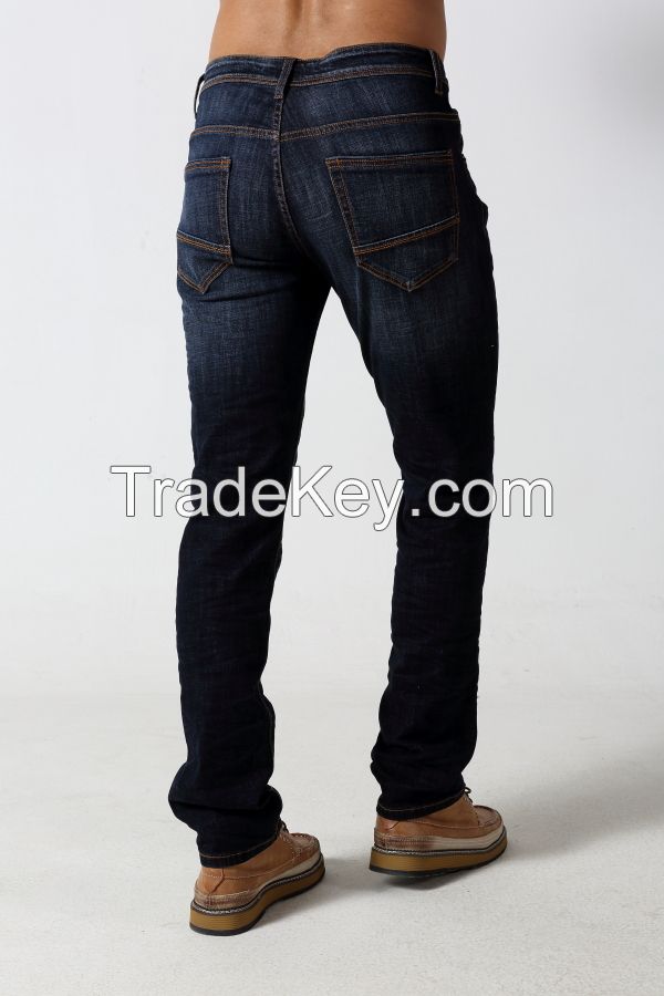 Men's straight stretch denim jeans with 3D whisker and 3D crinkle