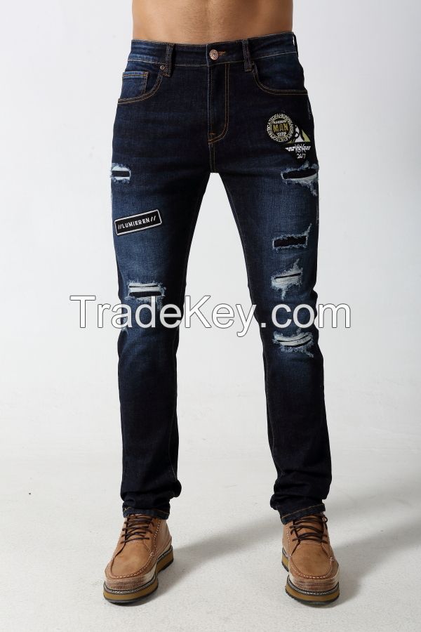 Men's Skinny Slim jeans with distressed and patches