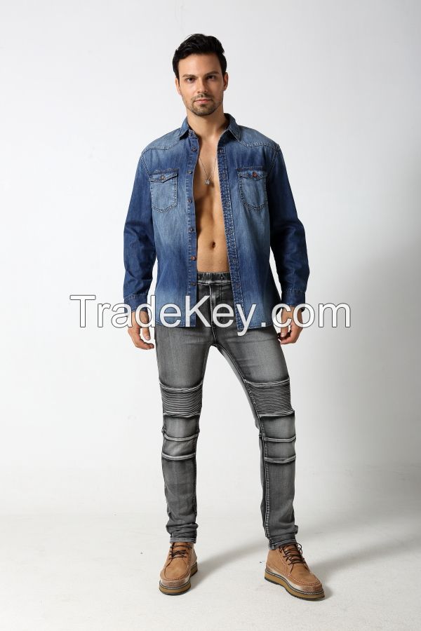 Men's dark color slim denim shirt with two pockets