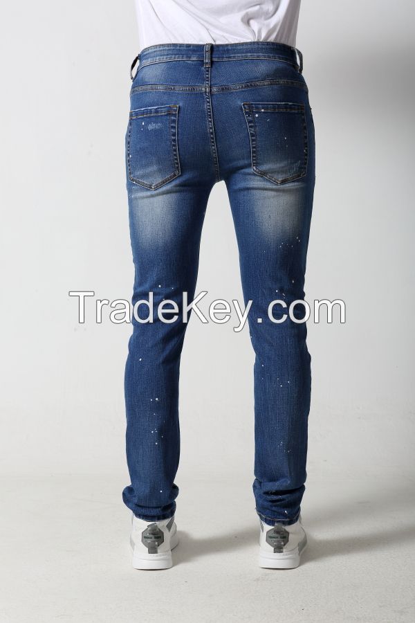 Men's Slim denim jeans with distressed and patches