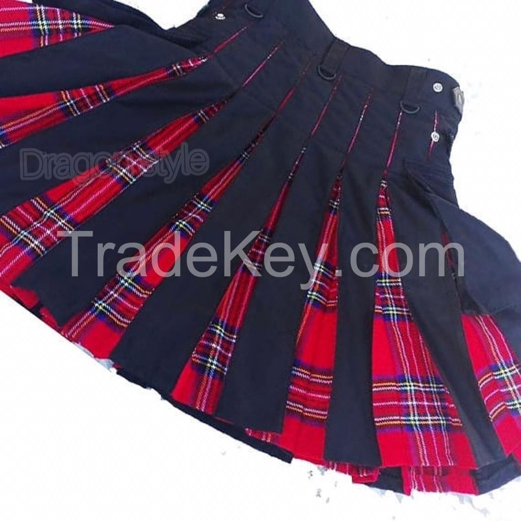 New Men's Hybrid Leather Straps Black Cotton & Royal Stewart Tartan Utility Kilt