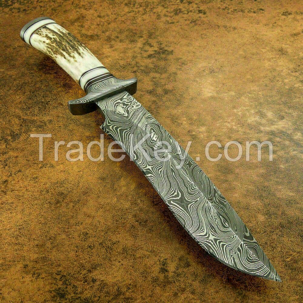 Blacksmith New Custom Handmade Damascus Steel Hunting Knife, Stag Horn Handle