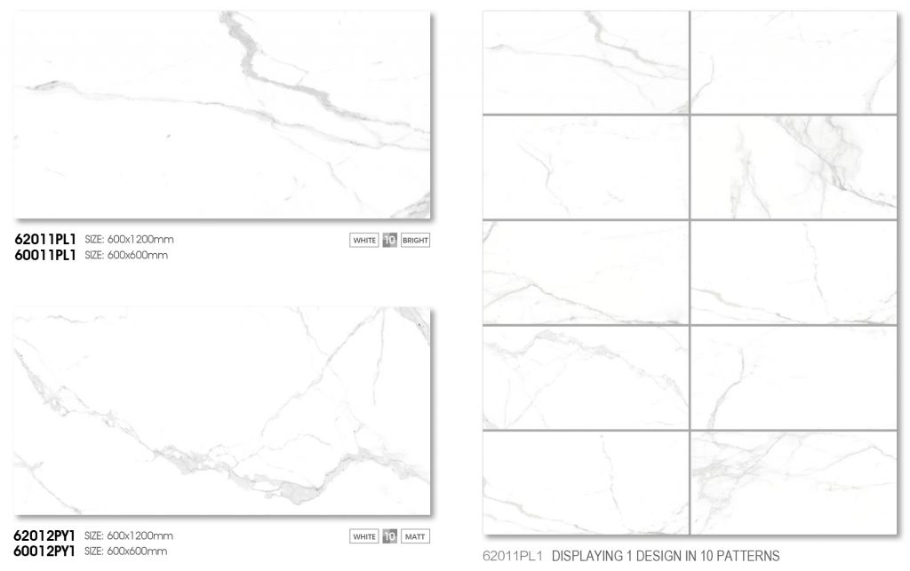 Carrara Polish/Matt Porcelain tile 600x1200mm