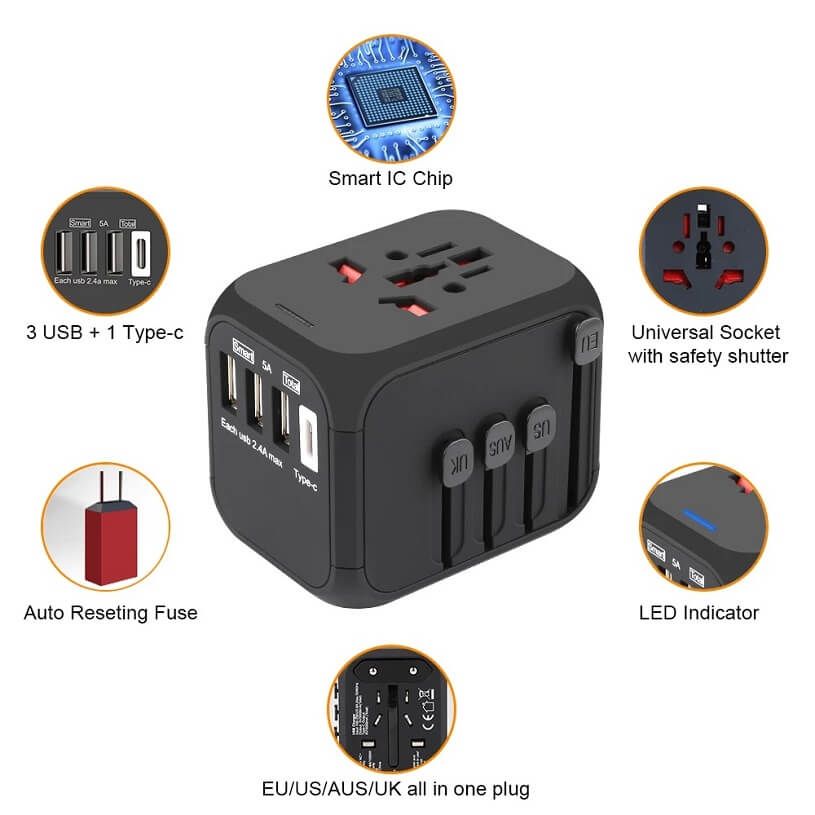 Hot Sale Universal Travel Adapter All-in-one International Power Adapter with 5A type-c 4USB universal travel adaptor