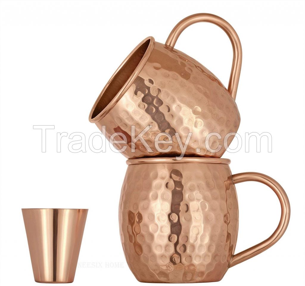 Set of 2 Pure Copper Mugs - 16 Oz with 2 Shot Glasses 2 oz