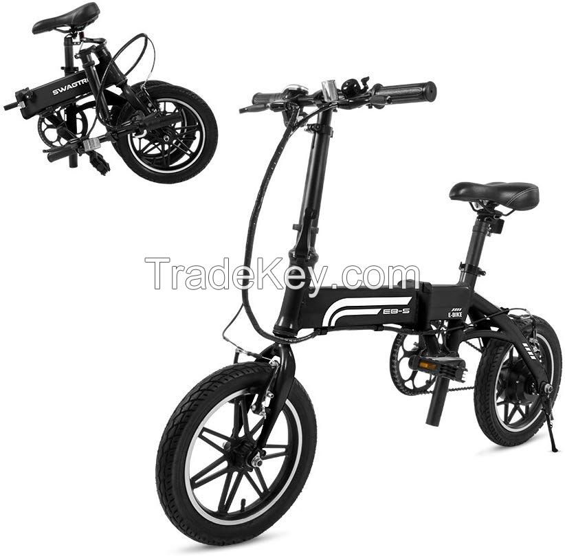 Swagtron EB5 14T SwagCycle EB-5 Lightweight Aluminum Folding Electric Bike with Pedals 14" Frame (Black)