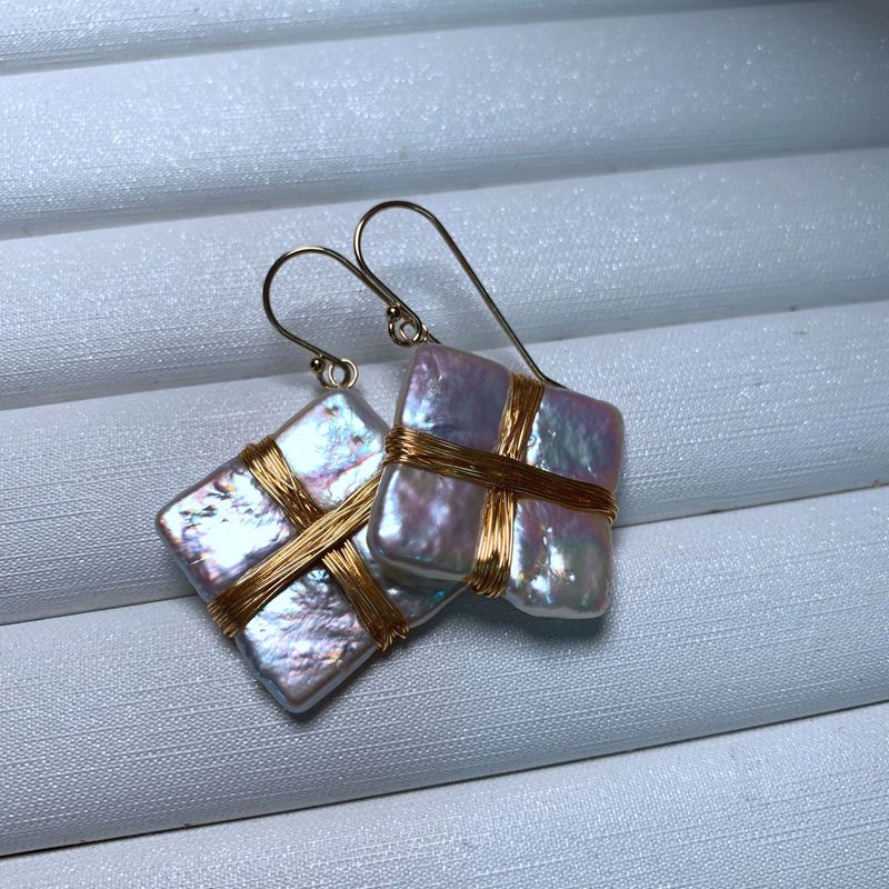 Baroque pearl Drop Earrings Hand woven new 9K GOLD Dangle Studs earring