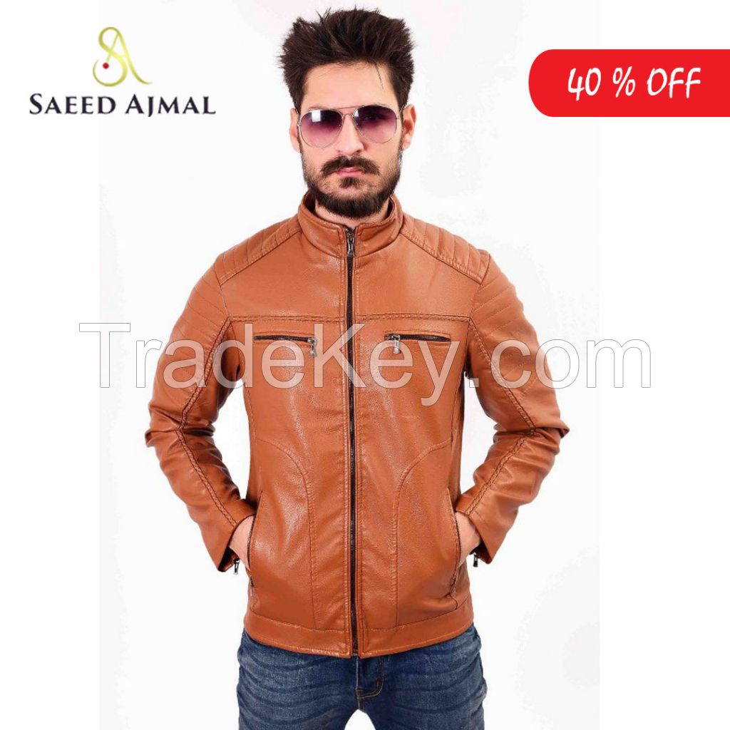 Mens PU Leather Jacket Camel