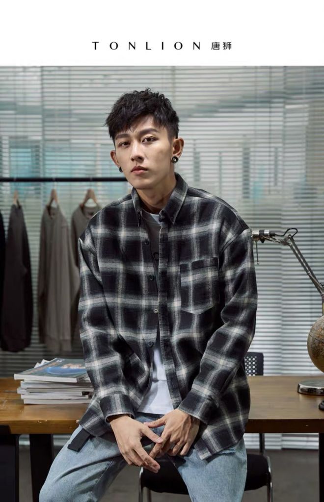 Tang shi plaid shirt men&#039;s long - sleeved black and white plaid coatTa