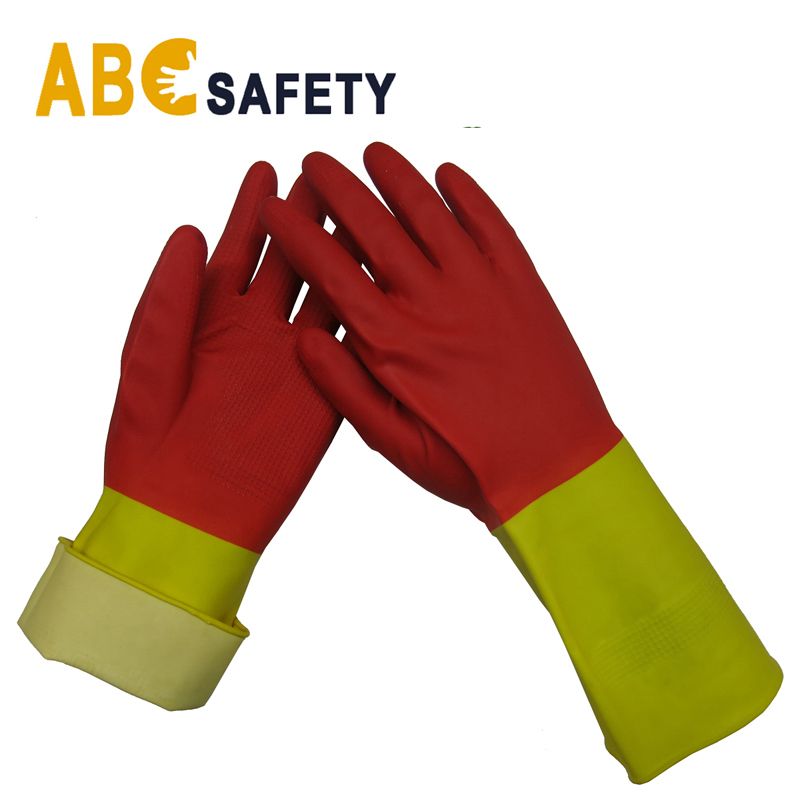 Custom Bi-Color Red&amp;amp;Yellow Latex Household Cleaning Flock Liner Gloves Diamond Grip