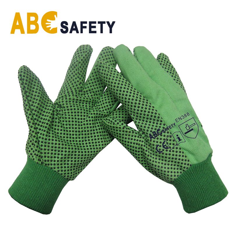 ABC SAFETY Green Cotton Canvas Drill Gloves PVC Dots Palm &amp; Straight or Wing Thumb.