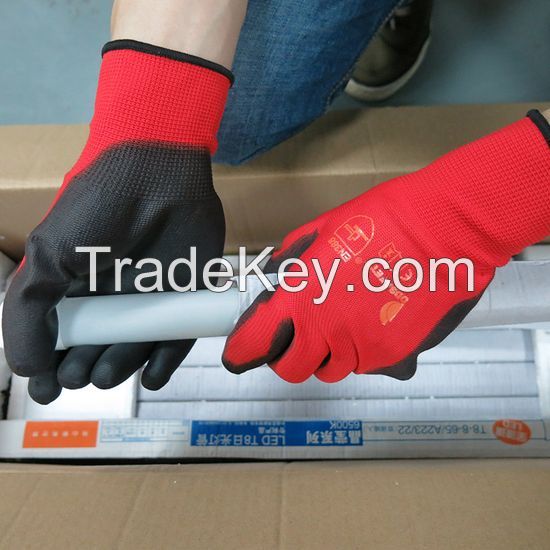 ABCsafety export 15+years low-cost manufacturer gloves Nylon Gloves with Nitrile Foam Palm Coating Red Nylon Shell Coated Gloves Black Nitrile Palm Coated Glove
