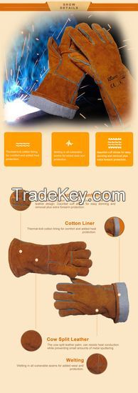 DDsafety 15+years low-cost manufacturer Aramid fiber stitching outside Suede Cowhide Leather Gold yellow Cow split welder gloves