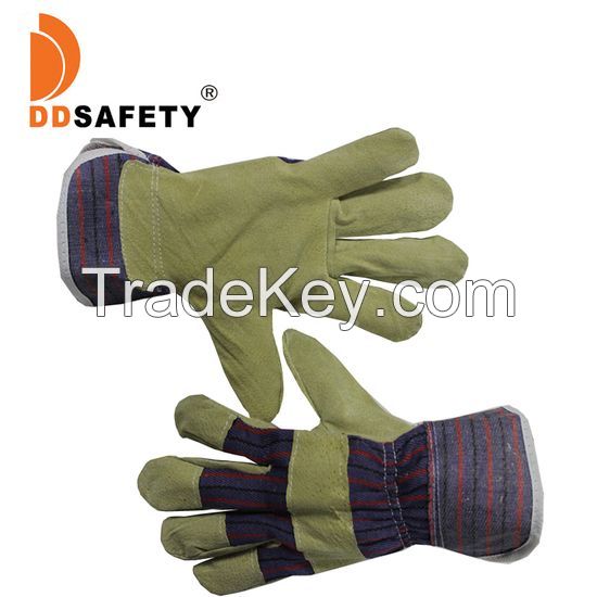 DDsafety Pig split leather gloves Stripe cotton back glove Half lining pasted cuff gloves OEM products for industrial/home/construction.CE/ISO standards