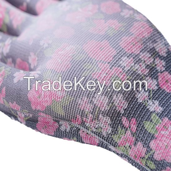 DDsafety 13 Gauge Red Flower Design Nylon Liner. Knit Wrist. White PU Coated on Palm/Finger Non-Slip Glove OEM products CE/ISO standards